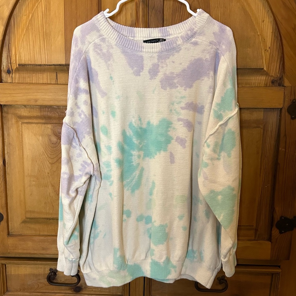 Black Tape - Off-white Sweater with Purple and Teal Tie Dye - Size X / 0X